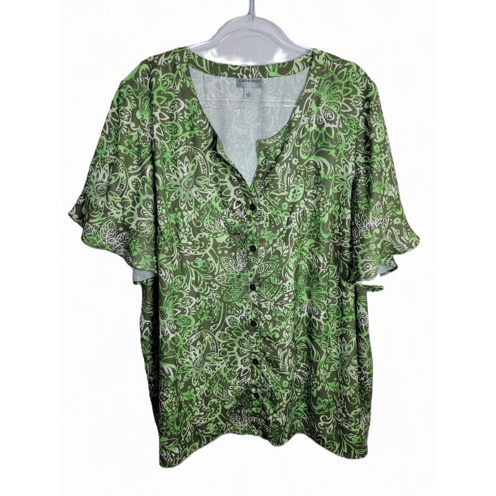 Catherines Womens 2X‎ Blouse Green Floral Paisley Flutter Sleeve Button Front
